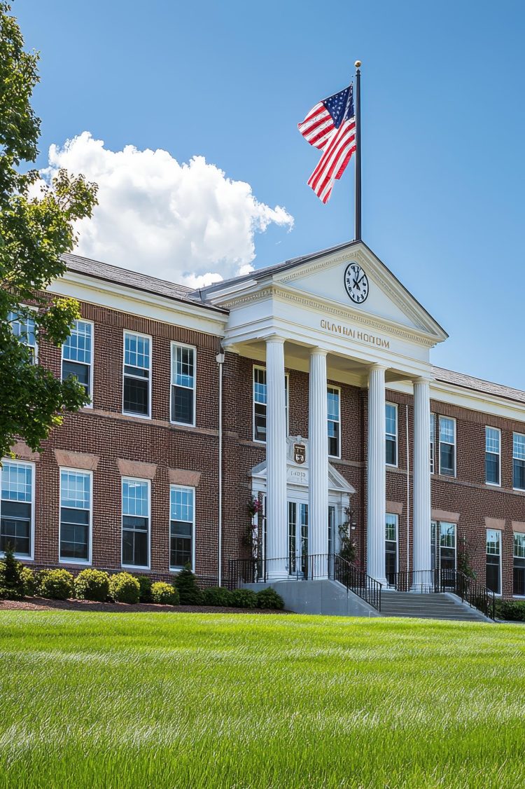 A classic American school building with a large lawn, white columns, and an American flag waving in the breeze. The building symbolizes education, tradition, and community.